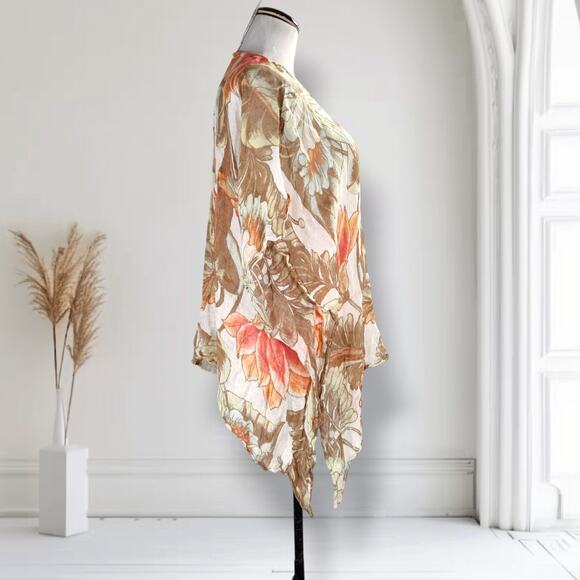 Chicos Gauzy Linen Poncho Size L/XL Orange Brown Floral Print Boho - Picture 6 of 10